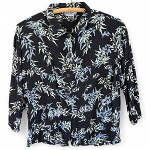 Go Fish Womens Black & Cream Floral Button-Up Collared Shirt Small